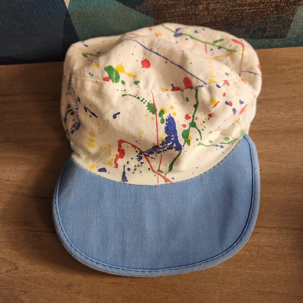 Vintage Painter Cap Paint Splatter Hat Blue Brim White Cotton Retro 80s 90s